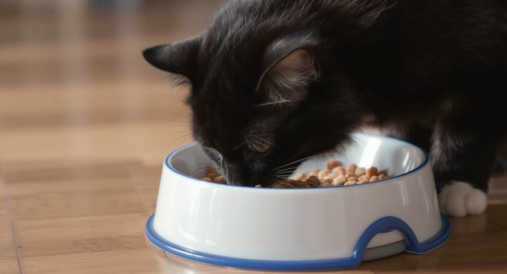 chat noir mangeant ses croquettes caats